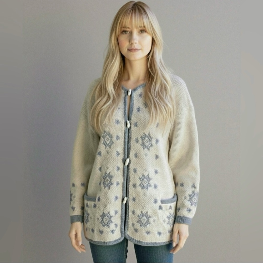 Alafoss Icewool Women's Vintage Blue Nordic Wool Cottagecore Cardigan Jacket - Picture 2 of 12